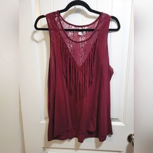 Vanity, XL | Boho fringe burgundy tank top with lace